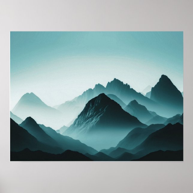 Foggy Mountain Nature Boho Minimalist Tintmålat fo Poster (Framsidan)
