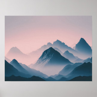 Foggy Mountain Nature Boho Minimalist Tintmålat fo Poster