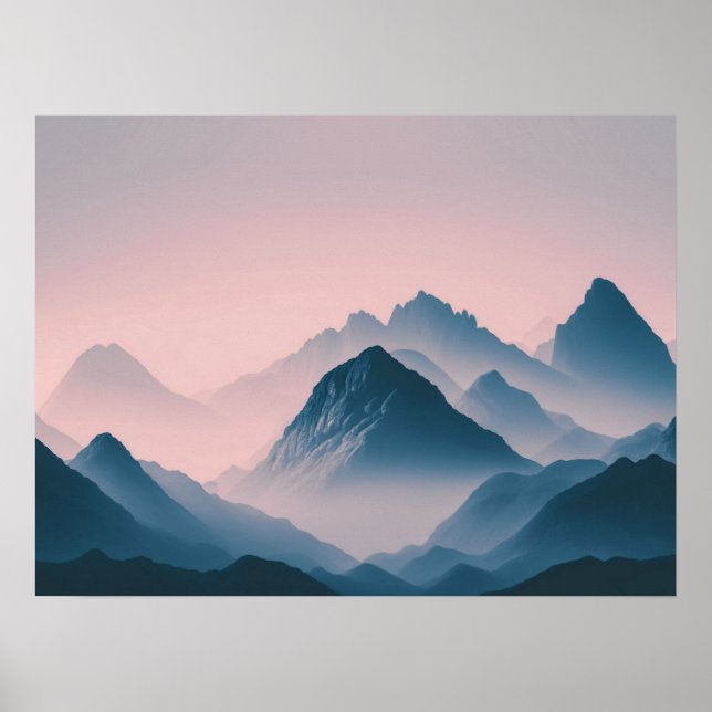 Foggy Mountain Nature Boho Minimalist Tintmålat fo Poster (Framsidan)