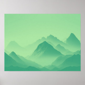 Foggy Mountain Nature Boho Minimalist Tintmålat fo Poster