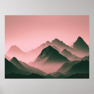 Foggy Mountain Nature Boho Minimalist Tintmålat fo Poster