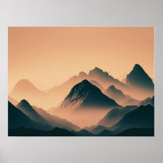 Foggy Mountain Nature Boho Minimalist Tintmålat fo Poster