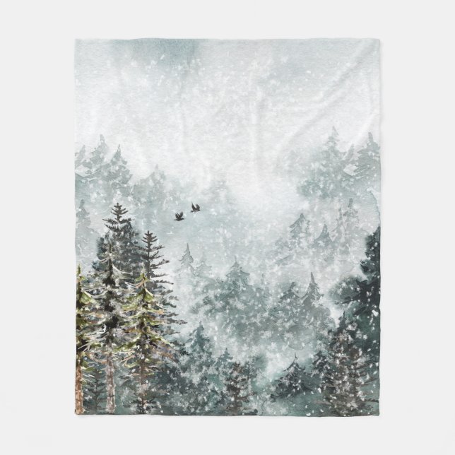 Foggy Mountain Snowy Winter Woodland Forest Ravens Fleecefilt (Framsidan)