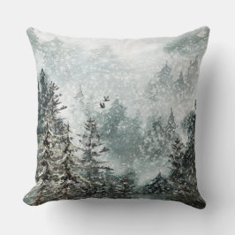 Foggy Mountain Snowy Woodland Forest Ravens-accent Kudde