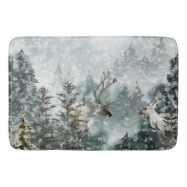 Foggy Mountain Snowy Woodland Forest Stag Hjort Badrumsmatta