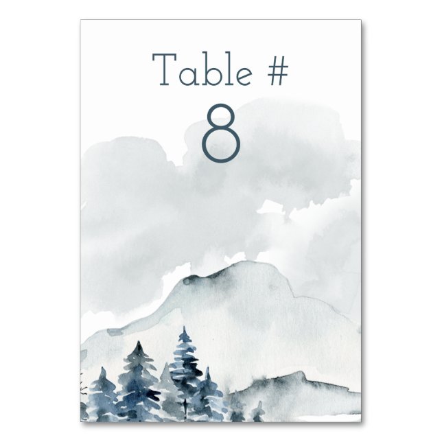 Foggy Mountain Watercolor Bröllop Bordsnummer (Framsidan)