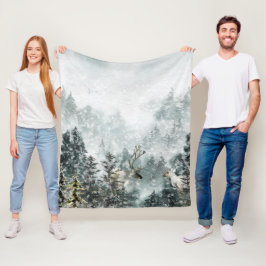 Foggy Mountain Woodland Forest Stag Hjort Fleecefilt