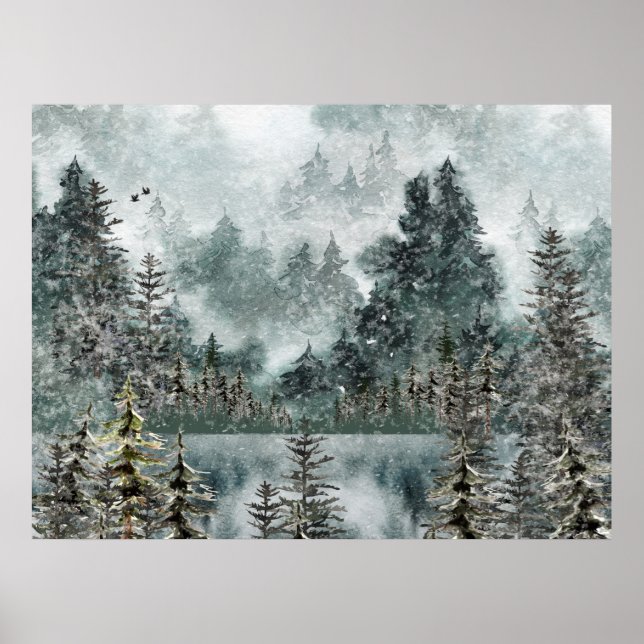 Foggy Mountain Woodland Frozen Sjö Poster (Framsidan)
