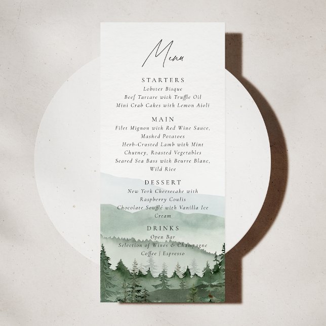 Foggy Pine Tree Mountain Wedding Menu Card Inbjudningar (Skapare uppladdad)