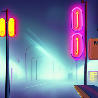 Foggy Street Flooved by light poles and neon Sign Poster