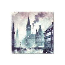 Foggy Urban Scene Byggnad, Cathedral, Vintage bil