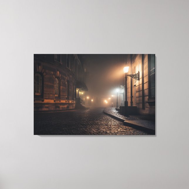 Foggy Victorian Cobblestone Alley Glow Canvastryck (Framsida)