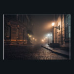 Foggy Victorian Cobblestone Alley Glow Fototryck<br><div class="desc">Thick fog envelops a narrow Victorian cobblestone alley lit by warm amber street lamps mounted on elegant wrought-iron brackets. Tall Georgian brick buildings with tall windows rise on both sides, their details softened by the mist that turns every light into a glowing halo. The curving lane fades into impenetrable darkness,...</div>