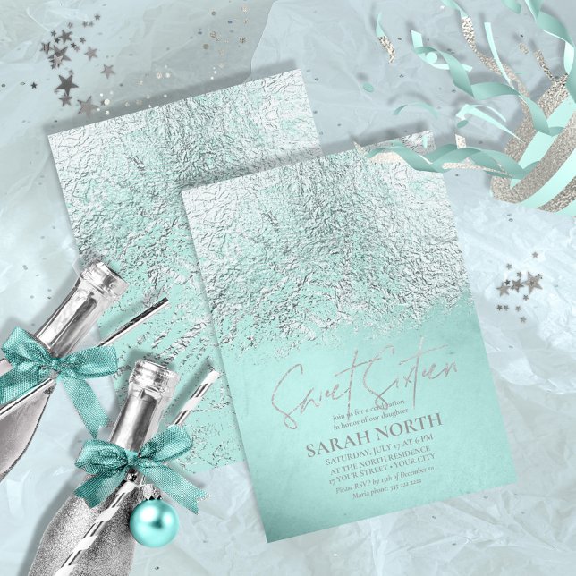Foil Abstrakt Sweet sixteen Silver Teal ID776 Inbjudningar (Skapare uppladdad)