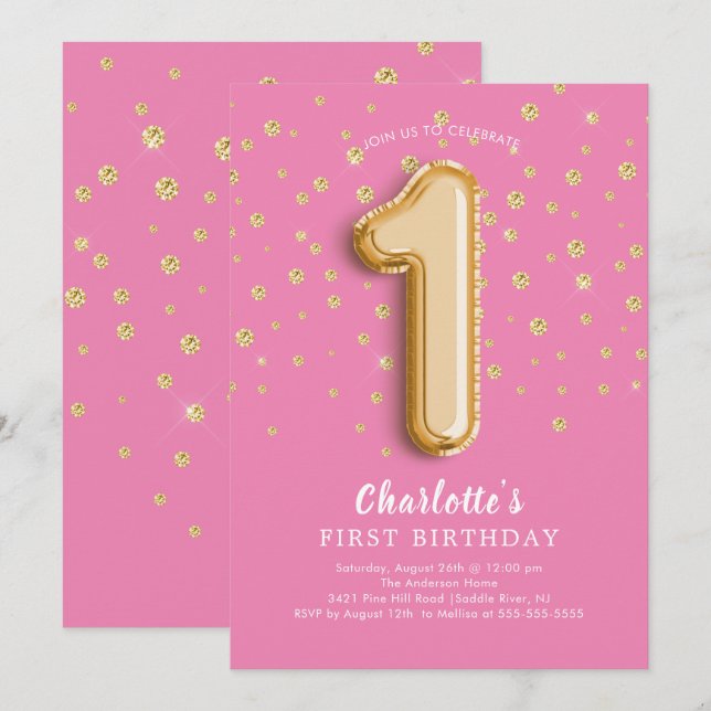 Foil Balloon Blommigt 1:a födelsedagsinbjudan Inbjudningar (Fram/baksida)