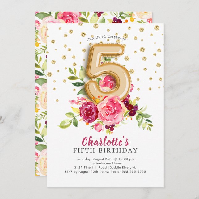 Foil Balloon Blommigt 5TH Birthday Call Inbjudningar (Fram/baksida)