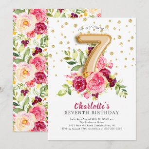Foil Balloon Blommigt 7:E Birthday Call Inbjudningar