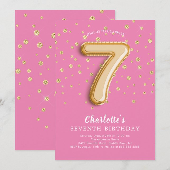 Foil Balloon Blommigt 7:e Birthday Call Inbjudningar (Fram/baksida)