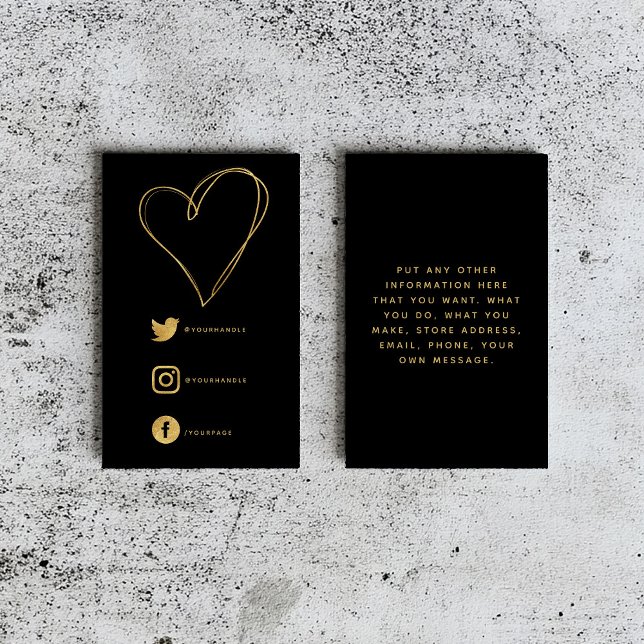 Foil effect eart och social länkar svart tack tilläggskort (A black insert card with a line drawn gold heart and social media details.)