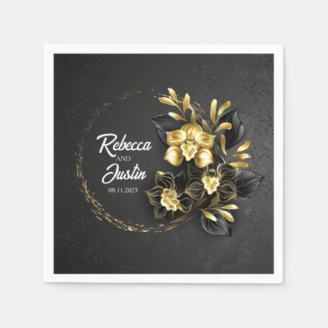 Foil Guld Black Orchids Modern Boho Pappersservett (Framsidan)