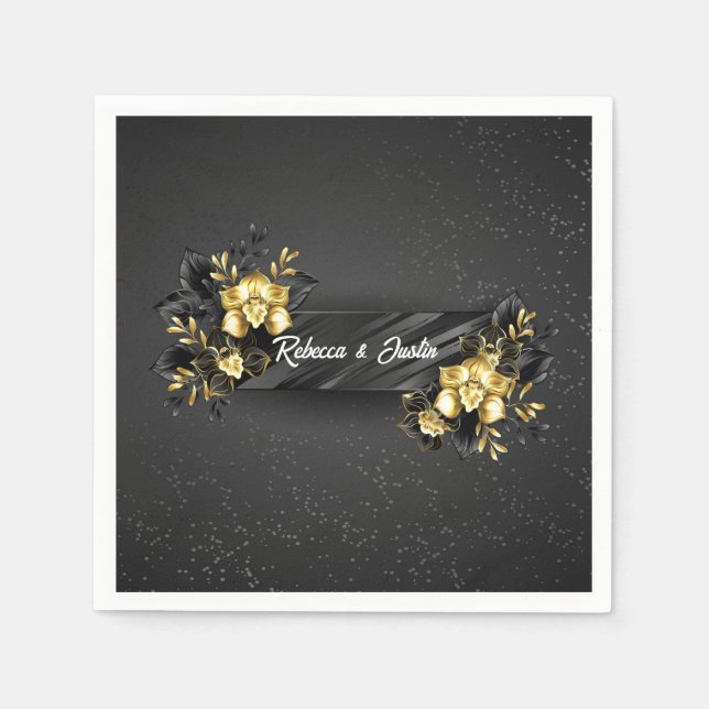 Foil Guld Black Orchids Modern Boho Pappersservett (Framsidan)