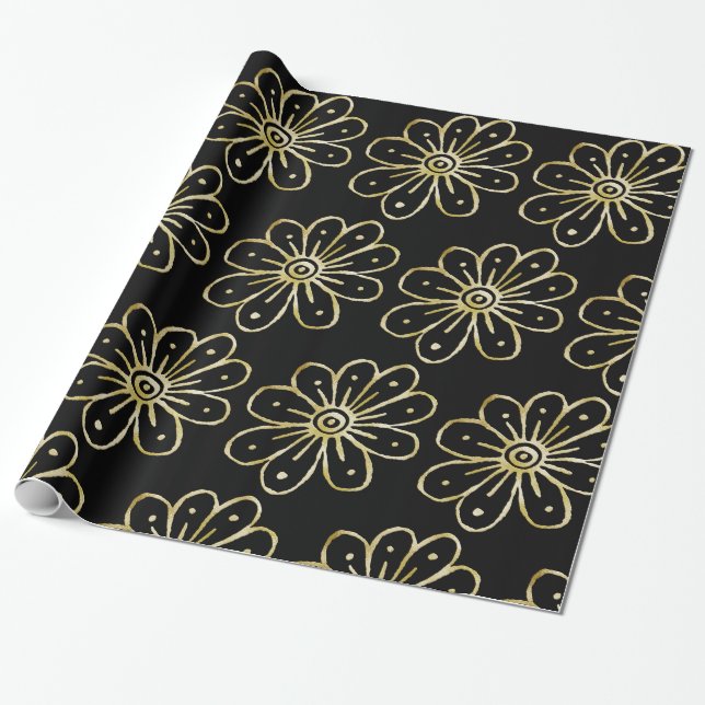 Foil Guld Flowers Presentpapper (Utrullad)