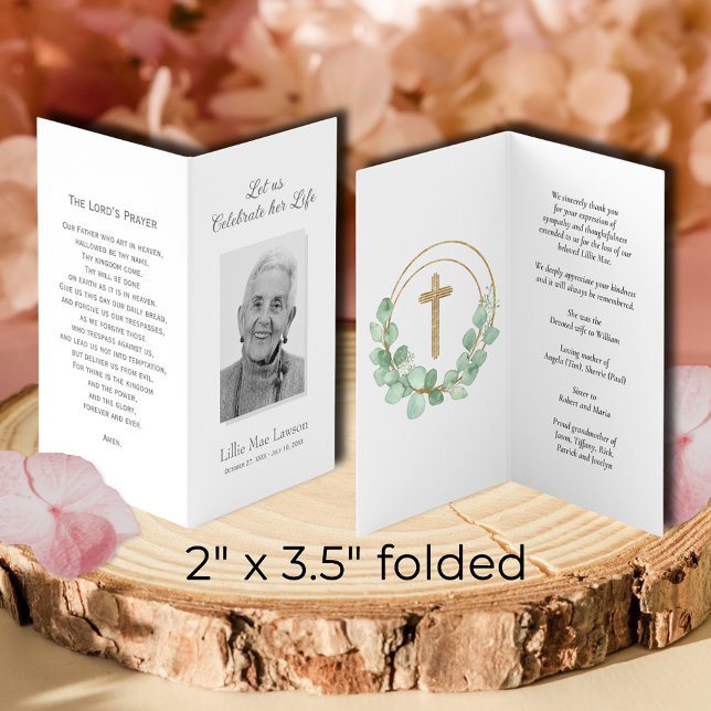 Fokort med enkelt funktionellt minnesmärke visitkort (SMALL folded celebration of life photo tribute prayer cards, 2" x 3.5" finished size)