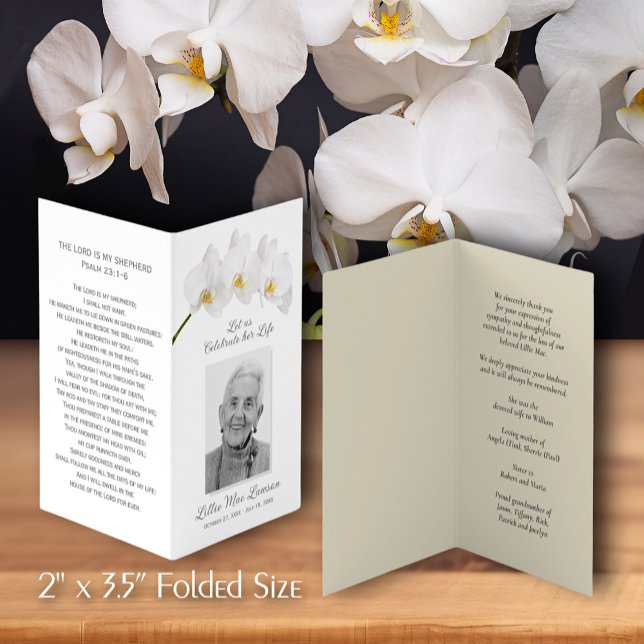 Fokort med enkelt funktionellt minnesmärke visitkort (Simple 2 x 3.75" folded funeral memorial prayer cards with a photo on the front. )
