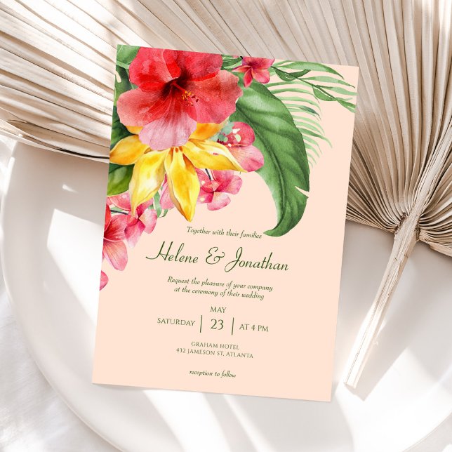 Fokuserad Blommigt - färgstarkt Destination Beach  Inbjudningar (Tropical Floral Colorful Destination Beach Wedding Invitation)