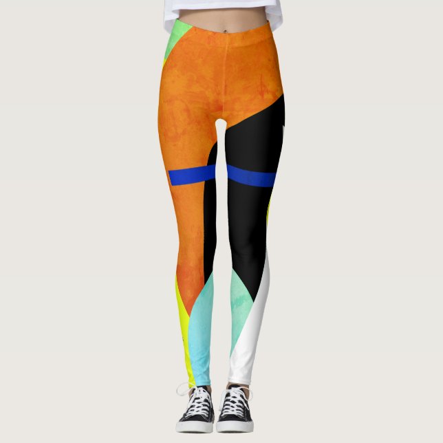 Fokuserad Gul Blå Röd Abstrakt Konst Leggings (Framsida)