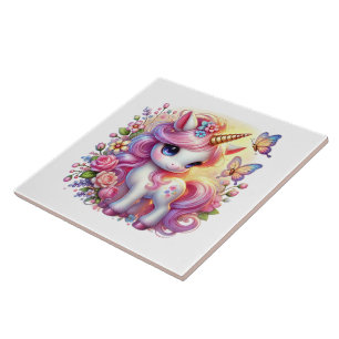 Fokusering av gryningsflickor i Cute Unicorn Kakelplatta