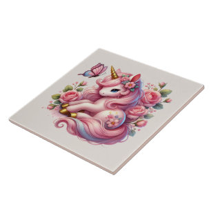 Fokusering av gryningsflickor i Cute Unicorn Kakelplatta