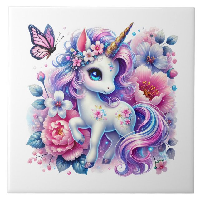 Fokusering av gryningsflickor i Cute Unicorn Kakelplatta (Framsidan)