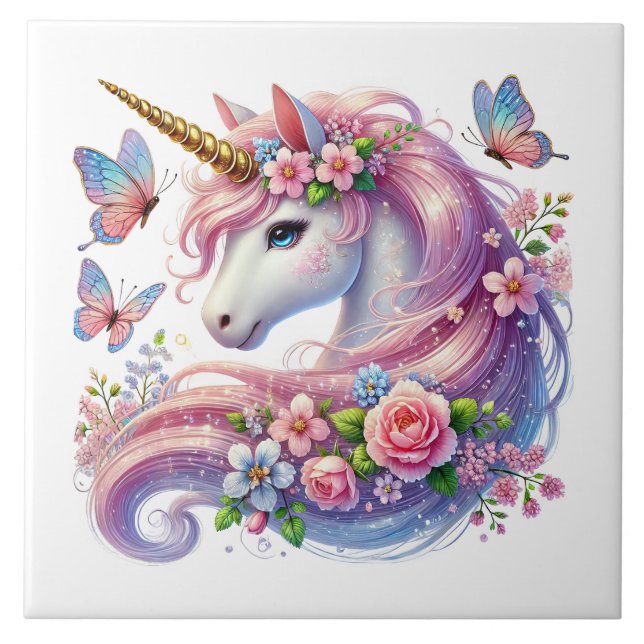 Fokusering av gryningsflickor i Cute Unicorn Kakelplatta (Framsidan)