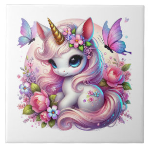 Fokusering av gryningsflickor i Cute Unicorn Kakelplatta