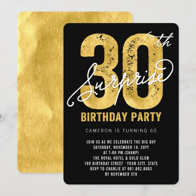 Fol med fetstil Surprise 30års födelsedag Party In Inbjudningar (Fram/baksida)