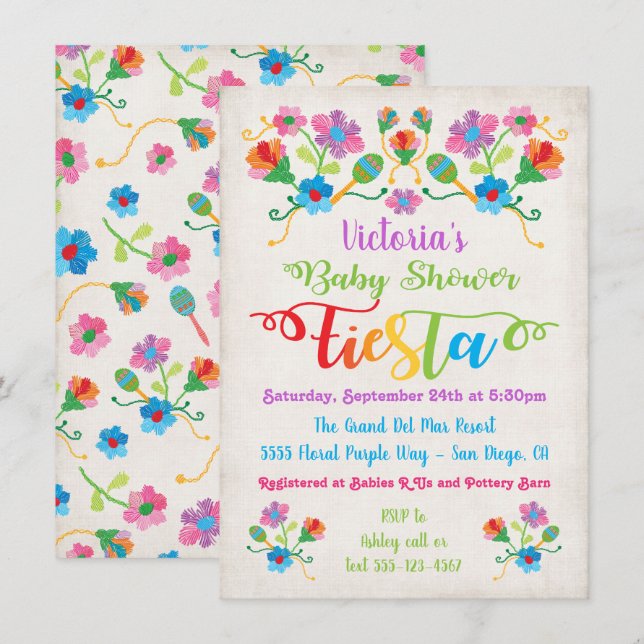 FolArt Embroidery Mexican Fiesta Baby Shower Inbjudningar (Fram/baksida)