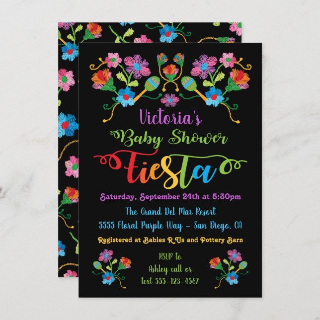 FolArt Embroidery Mexican Fiesta Baby Shower Inbjudningar (Fram/baksida)