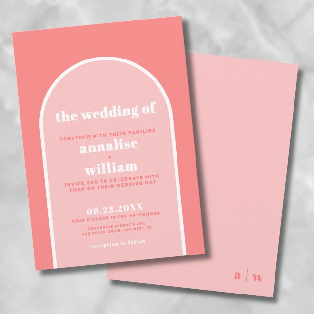 Fold Coral Rosa Retro Summer Bröllop Inbjudningar (Bold Coral Pink Retro Summer Wedding Invitation)