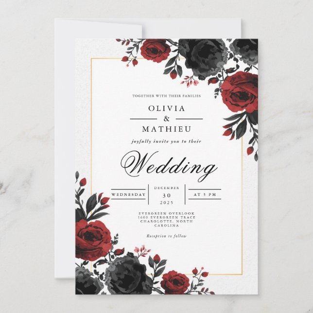 Fold Crimson Blommigt Romantik Bröllop Inbjudningar (Framsida)
