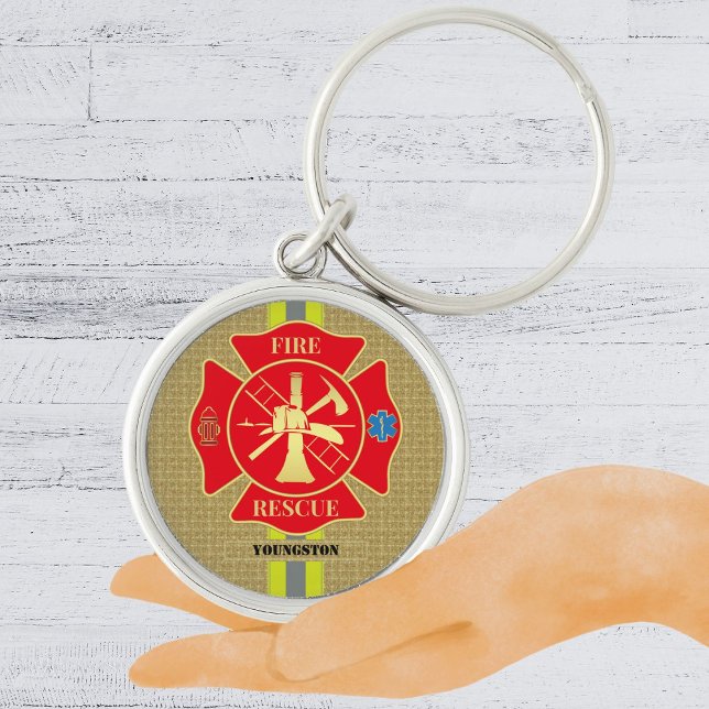 Fold Firefighter Maltese Kor Art Rund Silverfärgad Nyckelring (Firefighter Fire Rescue Bunker Gear Maltese Cross Keychain)