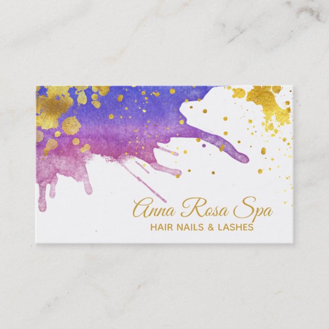 *~*Fold Glam Abstrakt Lila Watercolor Guld Luxe Visitkort (Framsida)