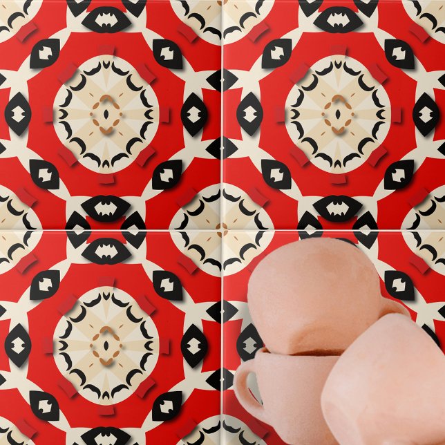 Fold Red Beige Black Symmetrical Geometric Mönster Kakelplatta (Skapare uppladdad)