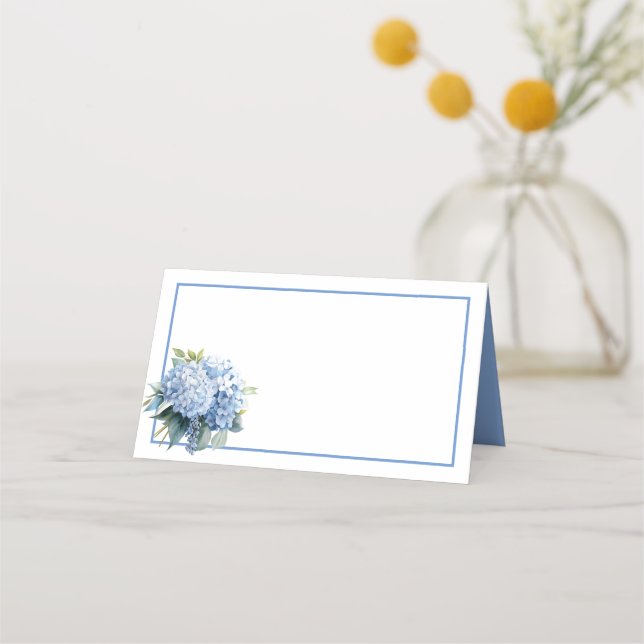 Folded Name Place Card-Blue Hydrangeas Placeringskort (Framsida)