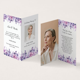 Folded Purple Flower Photo Funeral Prayer Card Visitkort