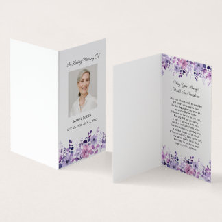 Folded Purple Flower Photo Funeral Prayer Card Visitkort