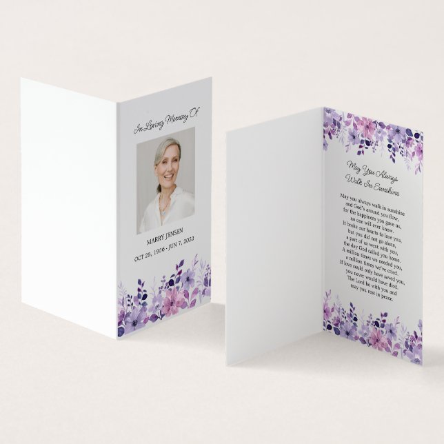 Folded Purple Flower Photo Funeral Prayer Card Visitkort (In- och utsida)