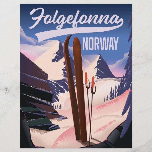 Folgefonna Norge skidposter. Trävägkonst Reklamblad (Framsidan)