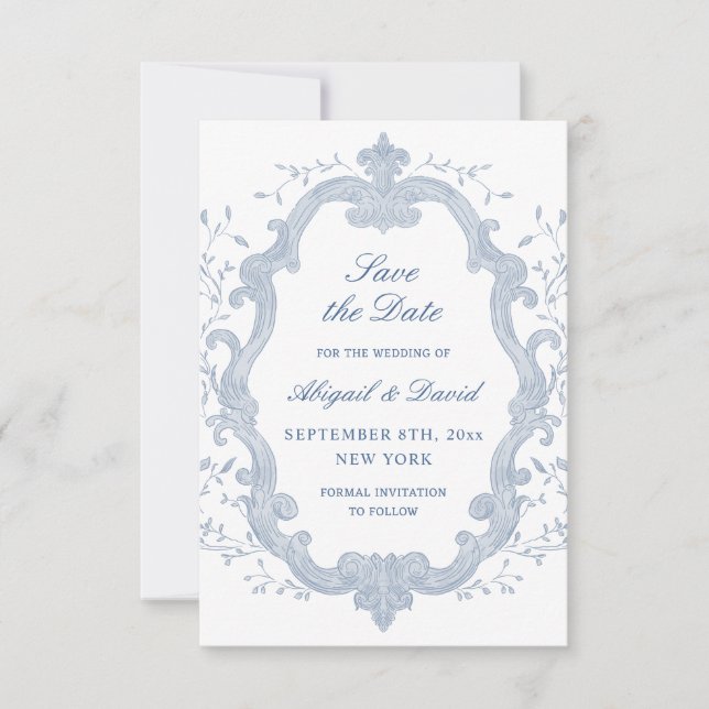 Foliage Blue Crest Wedding Save The Date Spara Datumet (Framsida)