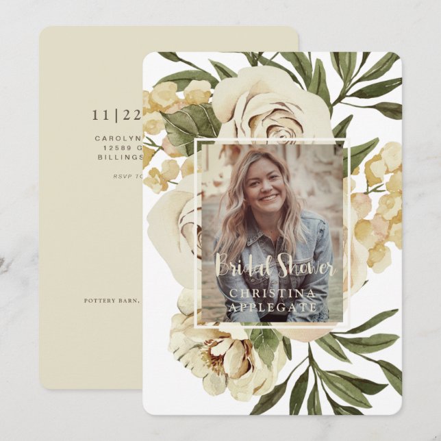 Foliage Cream Blommigt Bride Photo Shower Rounds Inbjudningar (Fram/baksida)